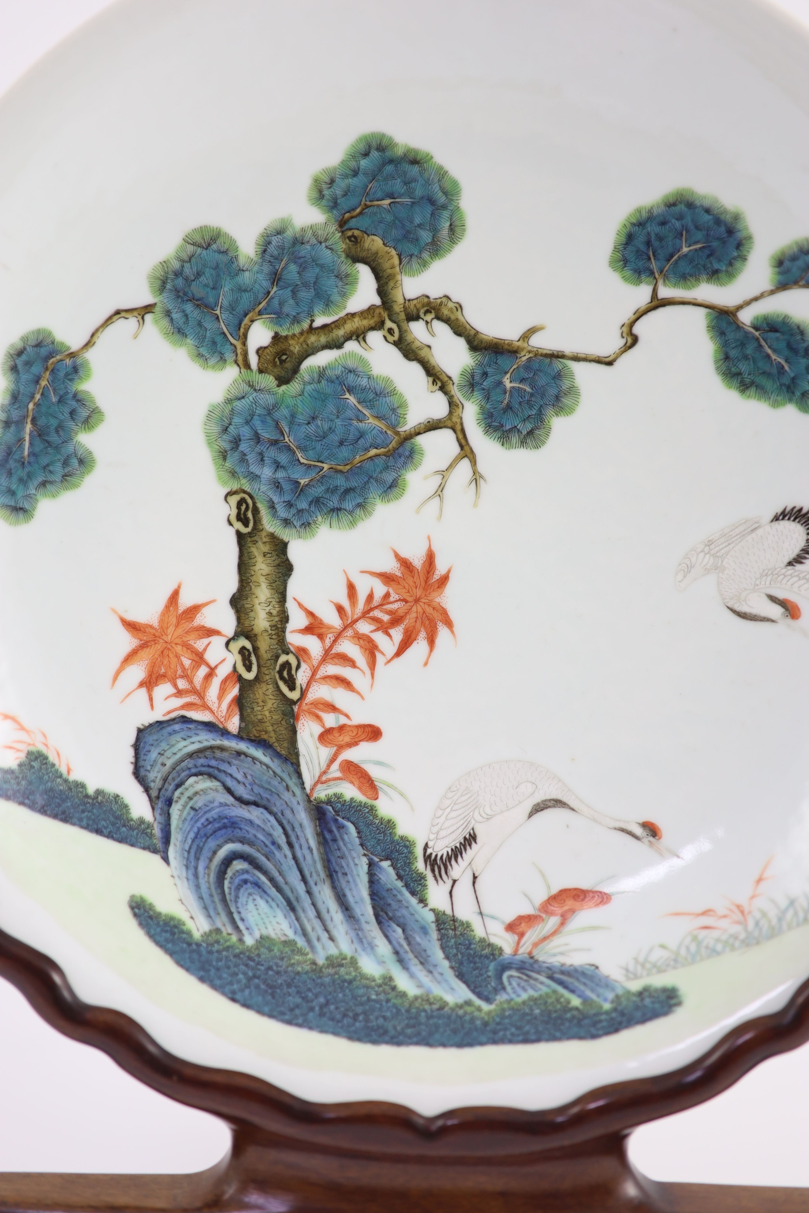 A Chinese Republic period enamelled porcelain 'crane' dish, four-character Jing Yuan Tang Zhi mark, 34.3cm diameter, rim chip